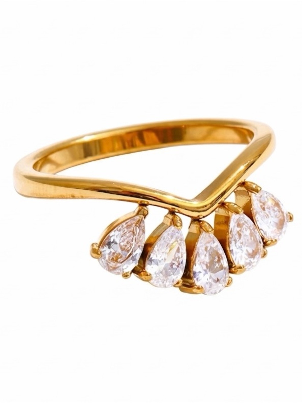 18K Gold Plated Teardrop Cubic Zirconia Ring - Stainless Steel